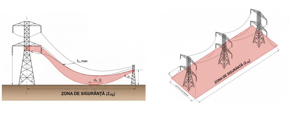 Schemă tehnică care arată zona de siguranță (Zsig) pentru liniile electrice aeriene, cu distanța minimă față de conductoare și stâlpi conform Normei ANRE 239/2019