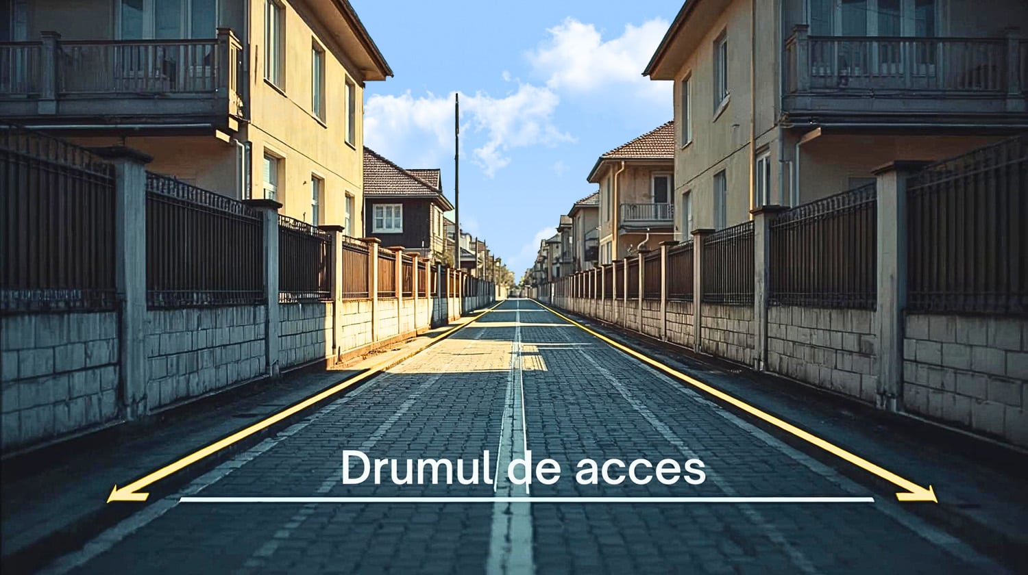 Drumul de acces îngust dintre două rânduri de case, ilustrând spațiul limitat al căii de acces către o locuință.