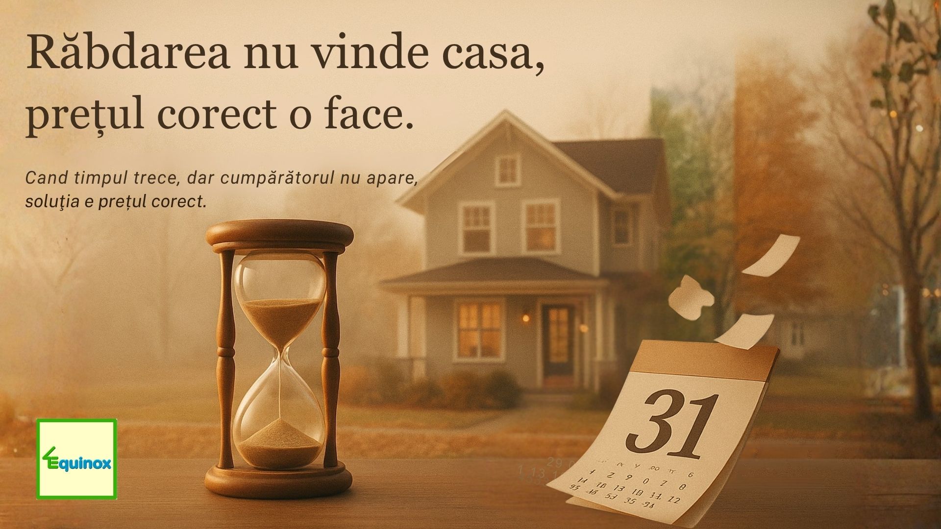 Clepsidră și calendar în fața unei case — simbol al timpului care trece fără vânzare. Text: Răbdarea nu vinde casa, prețul corect o face. Imagine promoțională Equinox Imobiliare.