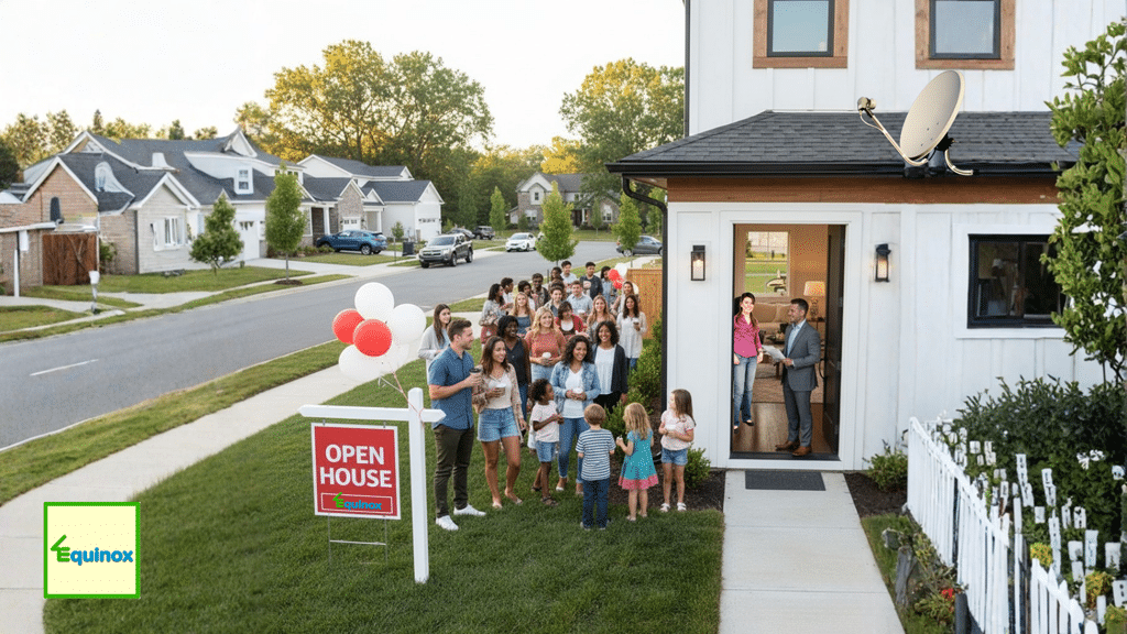 Vizitatori la un eveniment Open House organizat de Equinox Imobiliare, în fața unei case moderne, cu agentul imobiliar primind invitații la intrare.