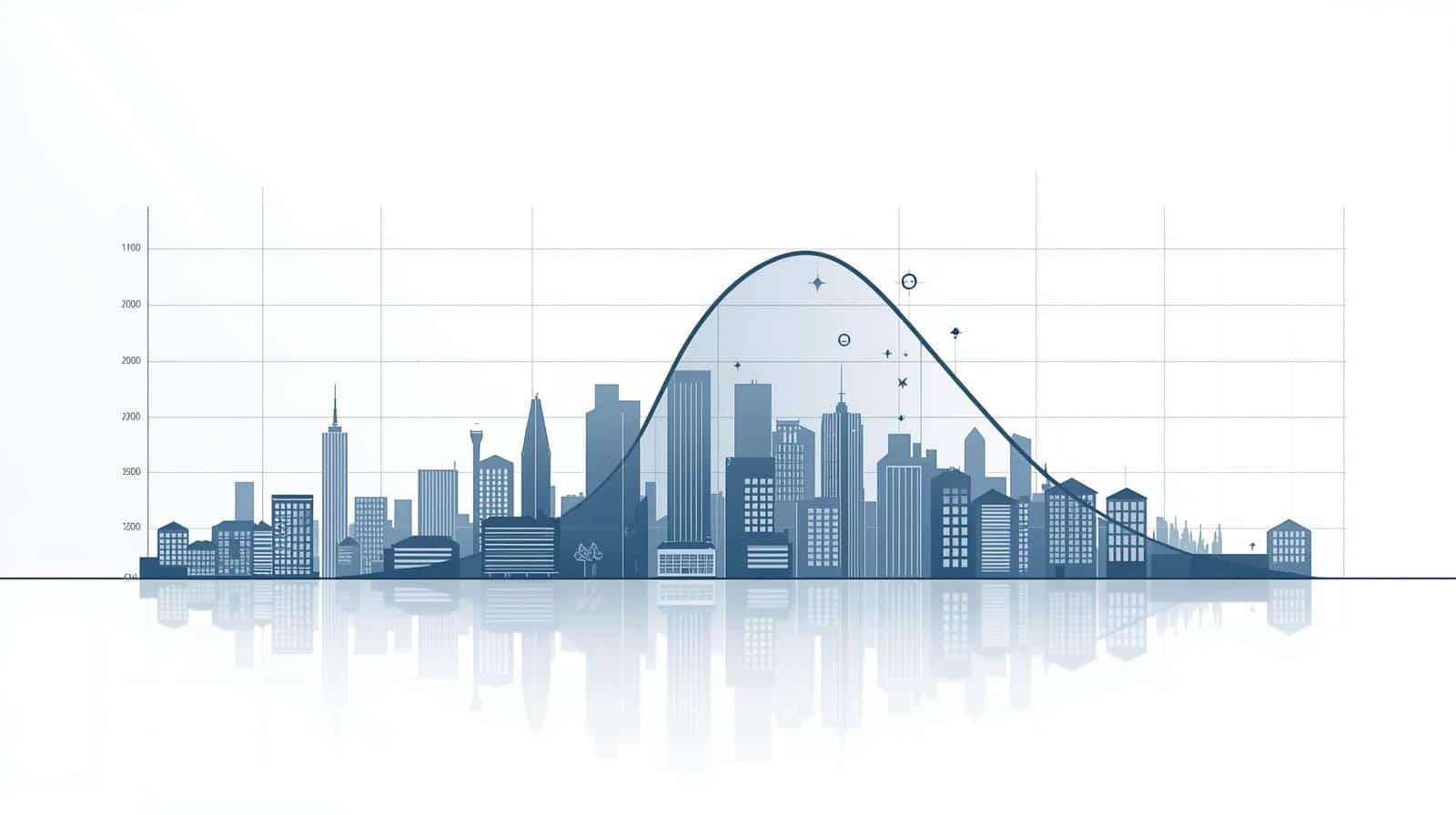 Grafic conceptual cu distribuția prețurilor imobiliare, reprezentând clădiri și o curbă statistică peste skyline.