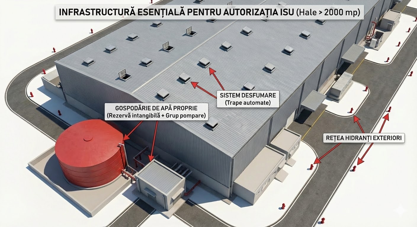 Infrastructură esențială pentru autorizarea ISU la hale industriale: rezervă de apă, sistem de desfumare și rețea hidranți exteriori.