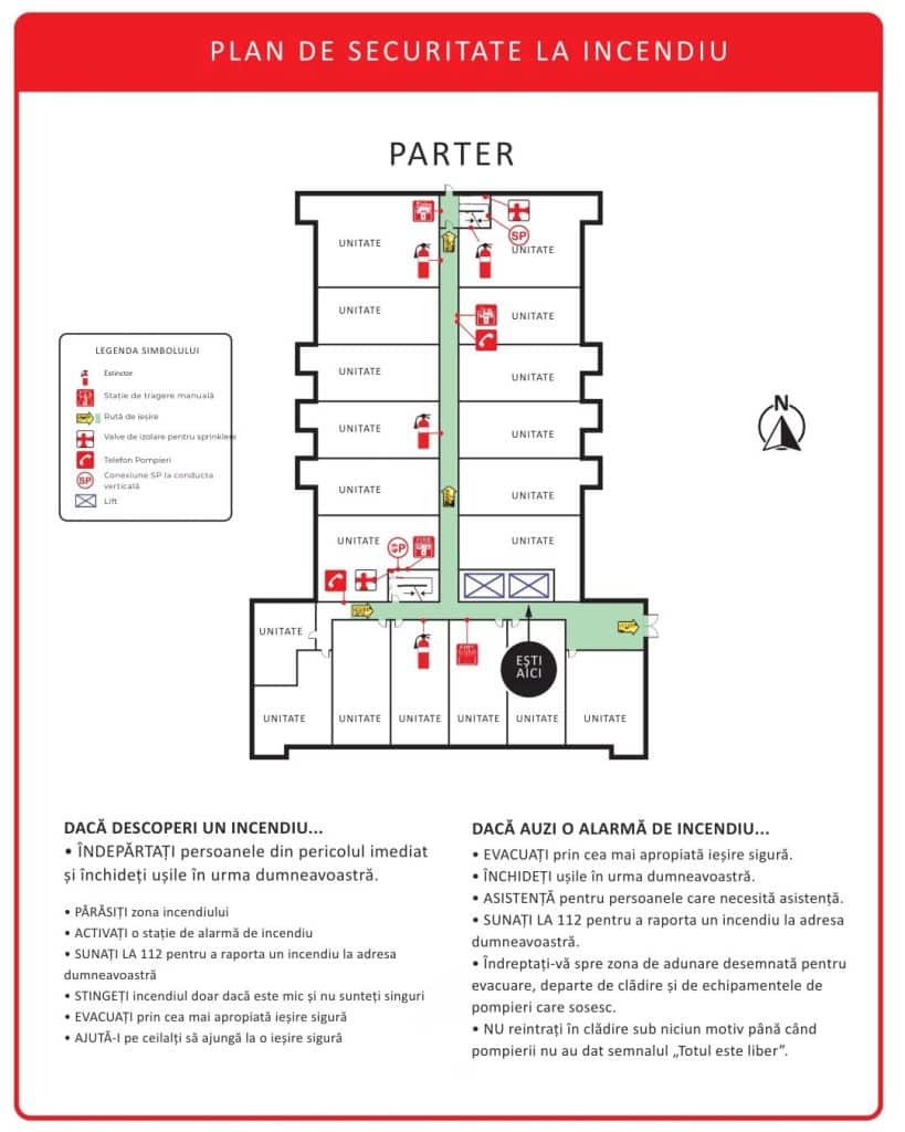 Exemplu de Plan de Securitate la Incendiu și Evacuare pentru o clădire, document obligatoriu la dosarul pentru Autorizația ISU, indicând căile de ieșire, stingătoarele și butoanele de alarmă.