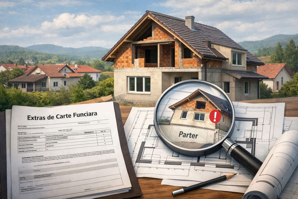 Casă parțial finalizată din Găgeni, cu extras de carte funciară și planuri, evidențiind neconcordanțe între documente și construcție