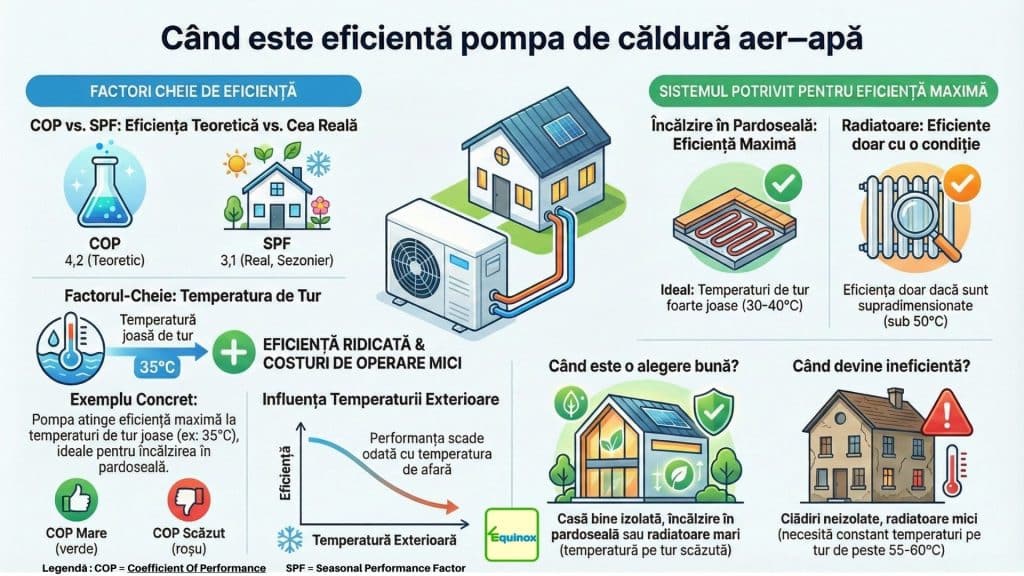 Infografic: când este eficientă o pompă de căldură aer–apă în casele din România – COP, SPF, temperatură de tur și sisteme de încălzire