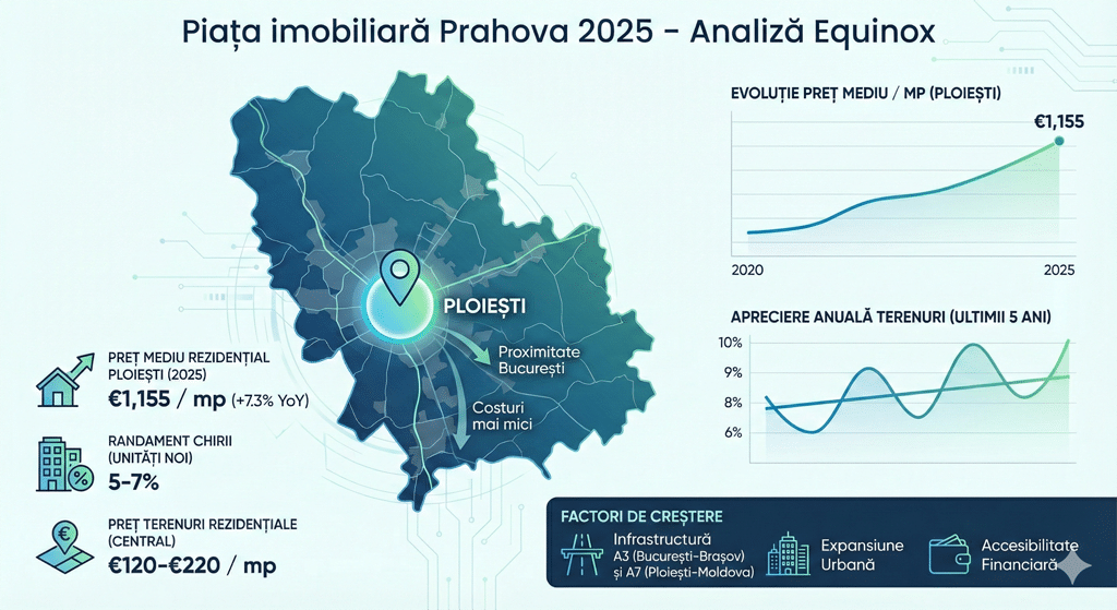 Infografic piața imobiliară Prahova 2025 – prețuri, randamente și tendințe în Ploiești și zonele periurbane