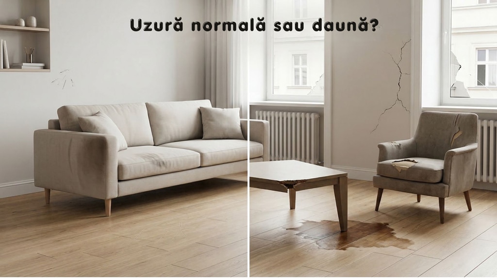 Imagine comparativă cu uzură normală și daune într-o locuință închiriată