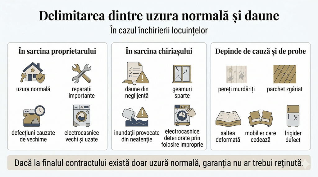 Infografic despre delimitarea dintre uzura normală și daune la o locuință închiriată, cu exemple privind responsabilitatea proprietarului și a chiriașului
