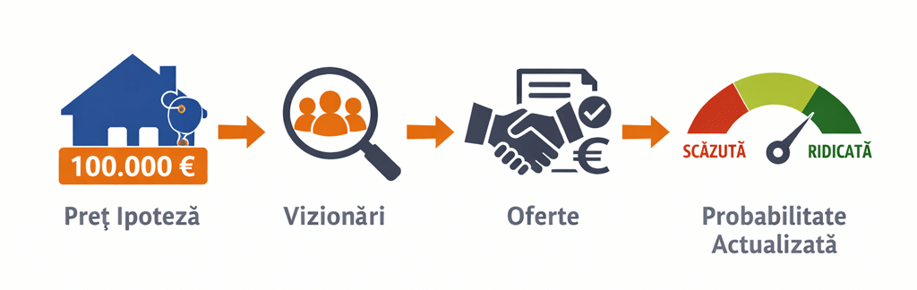 Schema simplificată care arată cum piața imobiliară confirmă prețul unei proprietăți: preț ipoteză → vizionări → oferte → probabilitate actualizată.