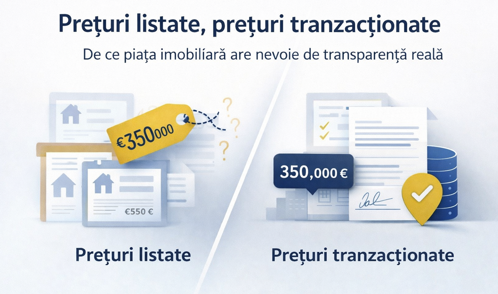 Ilustrație editorială despre diferența dintre prețurile listate și prețurile tranzacționate pe piața imobiliară.