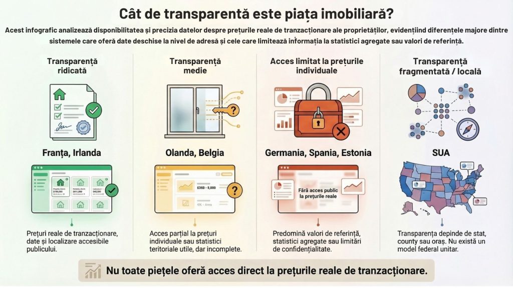 Infografic despre transparența pieței imobiliare în UE și SUA, comparând accesul public la prețurile reale de tranzacționare în Franța, Irlanda, Olanda, Belgia, Germania, Spania, Estonia și SUA.