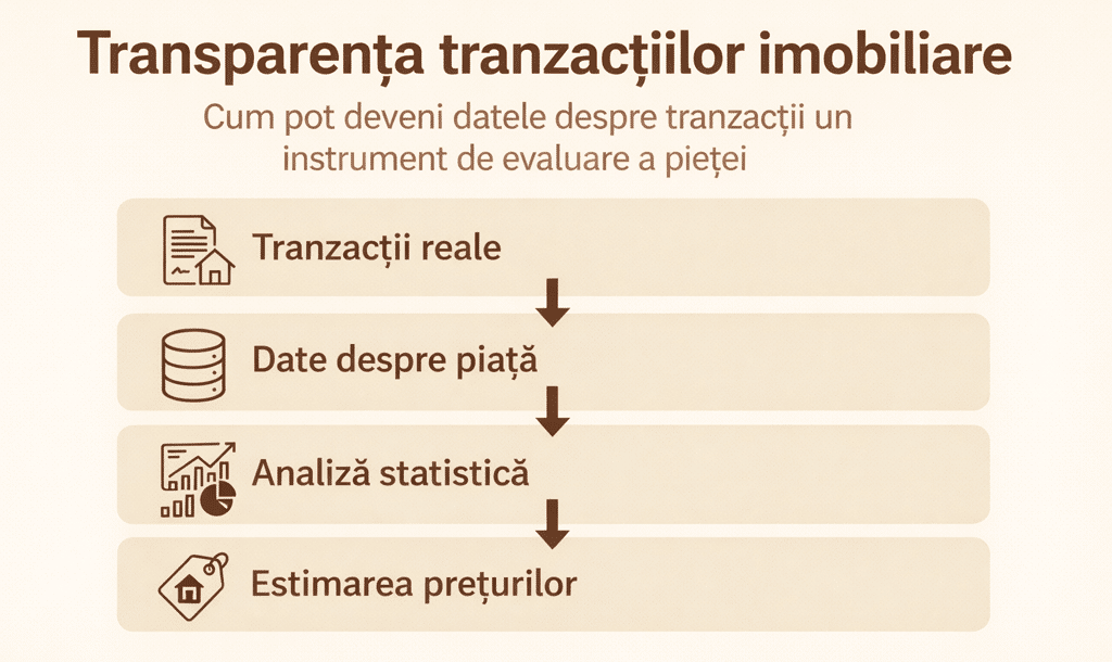 Schema care arată cum tranzacțiile imobiliare reale pot fi transformate în modele statistice pentru estimarea prețurilor imobiliare.
