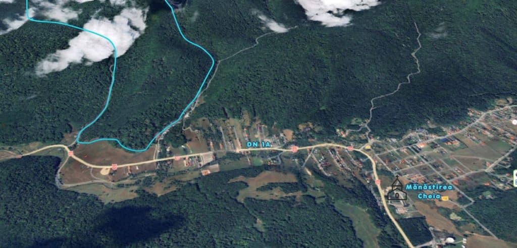 Pădure de vânzare în Prahova – imagine orientativă cu amplasarea proprietății forestiere din zona Cheia, în raport cu DN1A