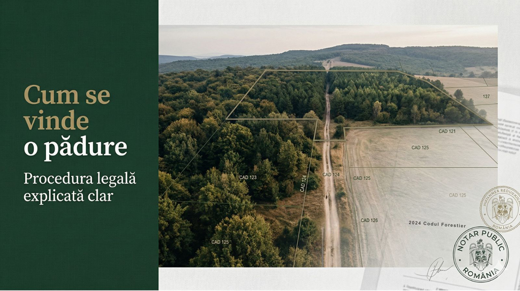 Imagine reprezentativă pentru procedura legală de vânzare a unei păduri, cu parcelă forestieră și elemente cadastrale