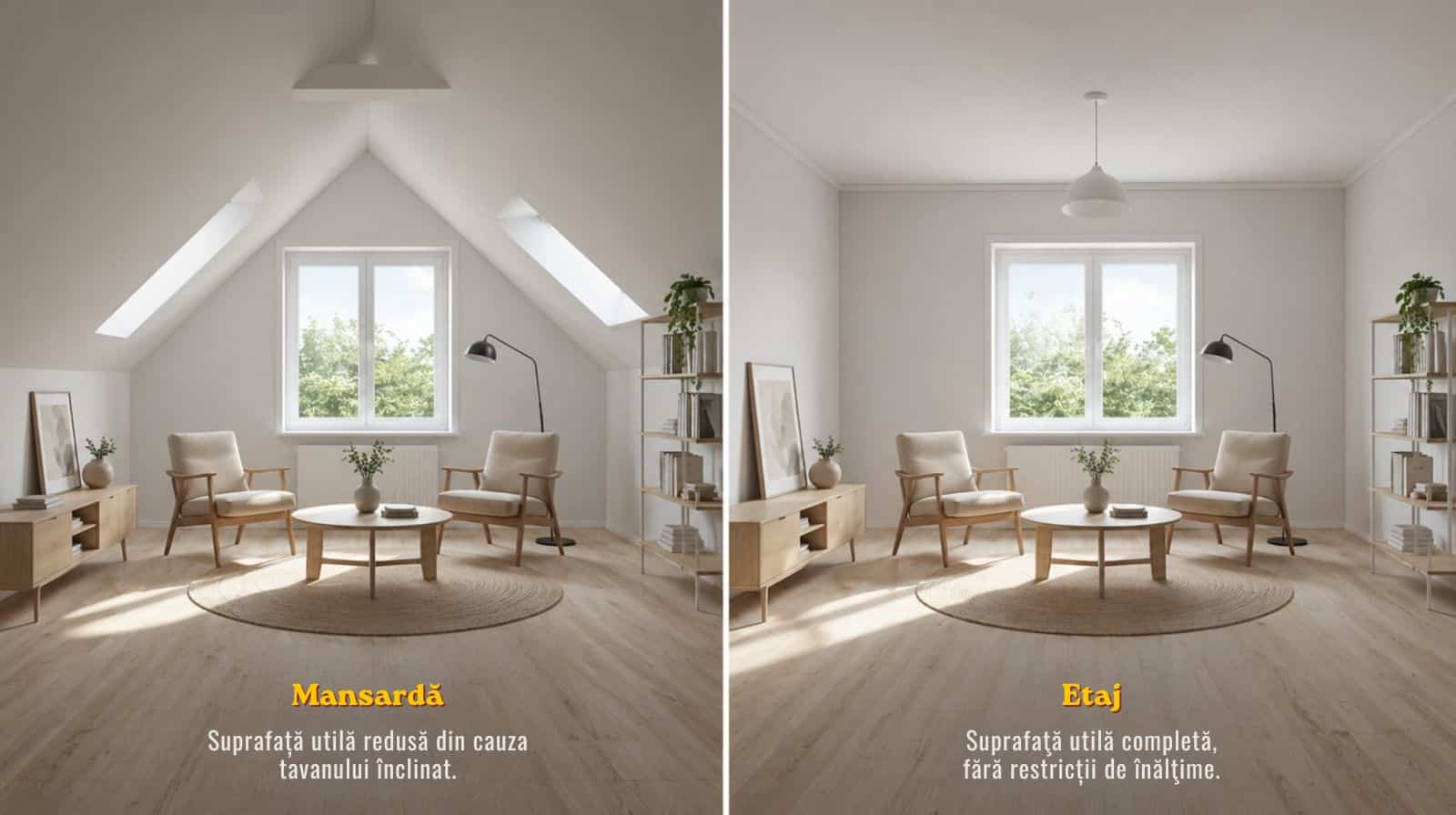 comparație aceeași cameră mansardă cu tavan înclinat versus etaj cu tavan drept diferențe spațiu util
