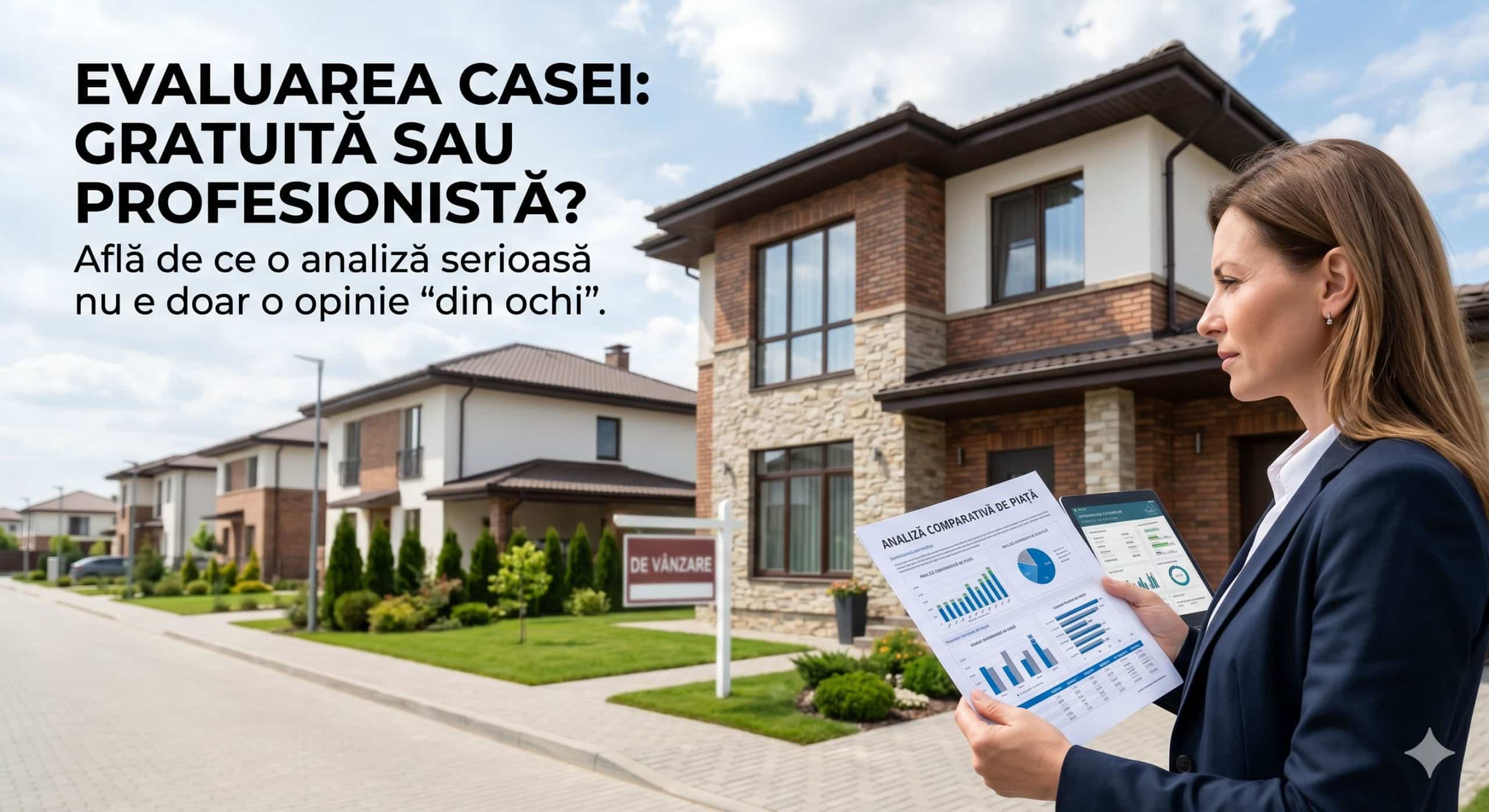 Agent imobiliar analizând documente și date pentru evaluarea profesionistă a unei case
