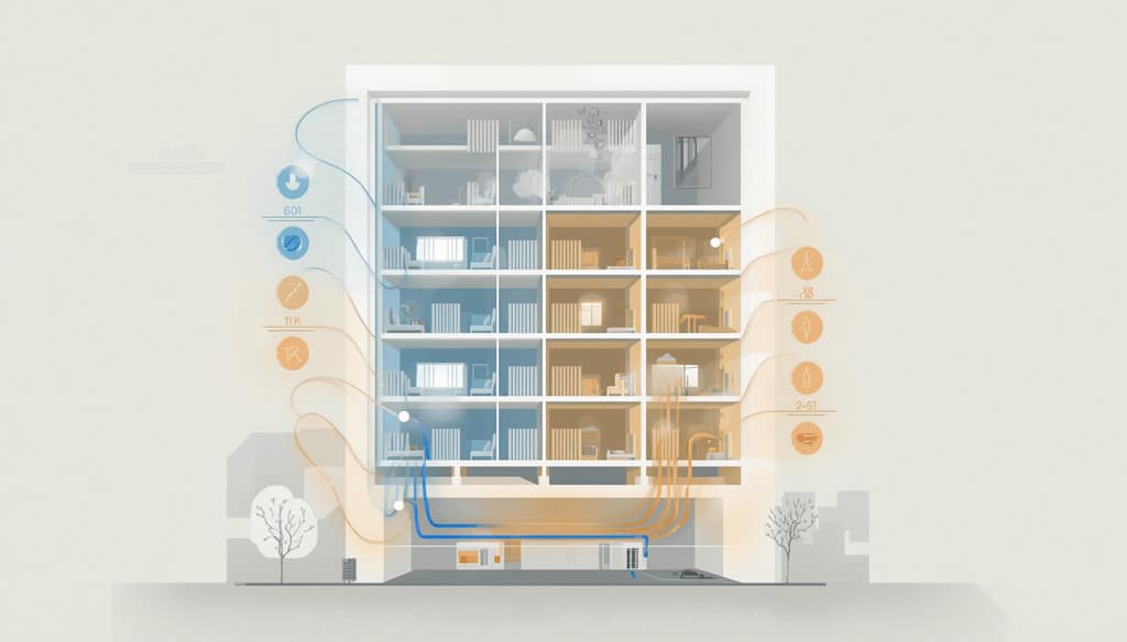 Ilustrație cu un bloc de apartamente în care factura de încălzire se împarte între consumul comun și consumul individual.