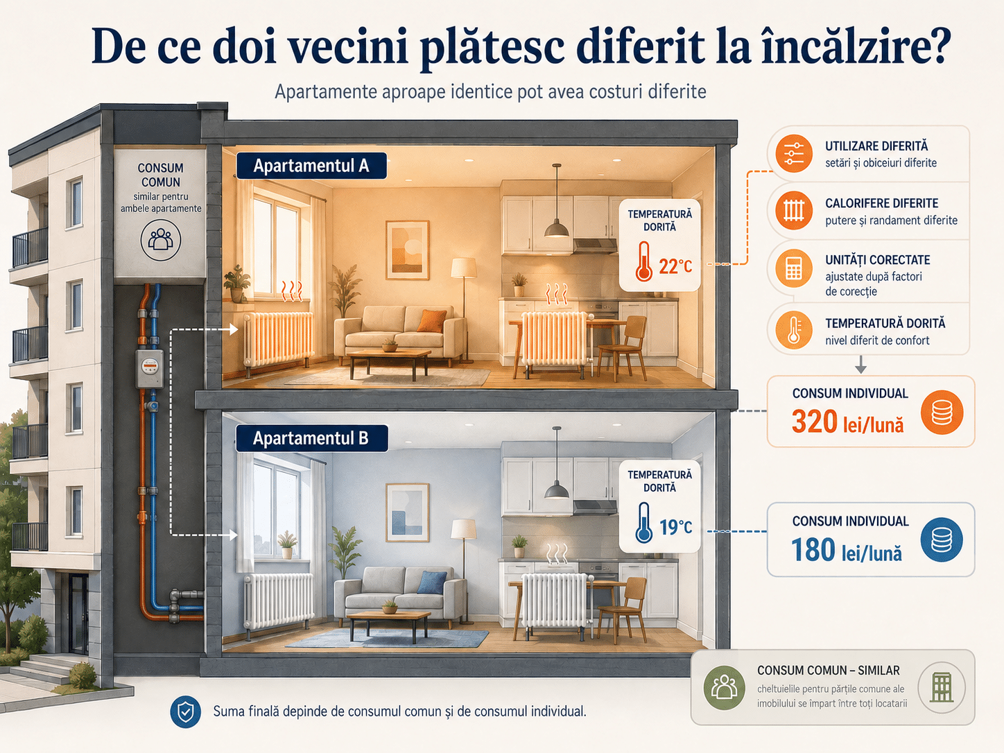 Infografic care explică de ce două apartamente aproape identice pot avea costuri diferite la încălzire, în funcție de consumul individual, temperatura dorită, calorifere și utilizare.