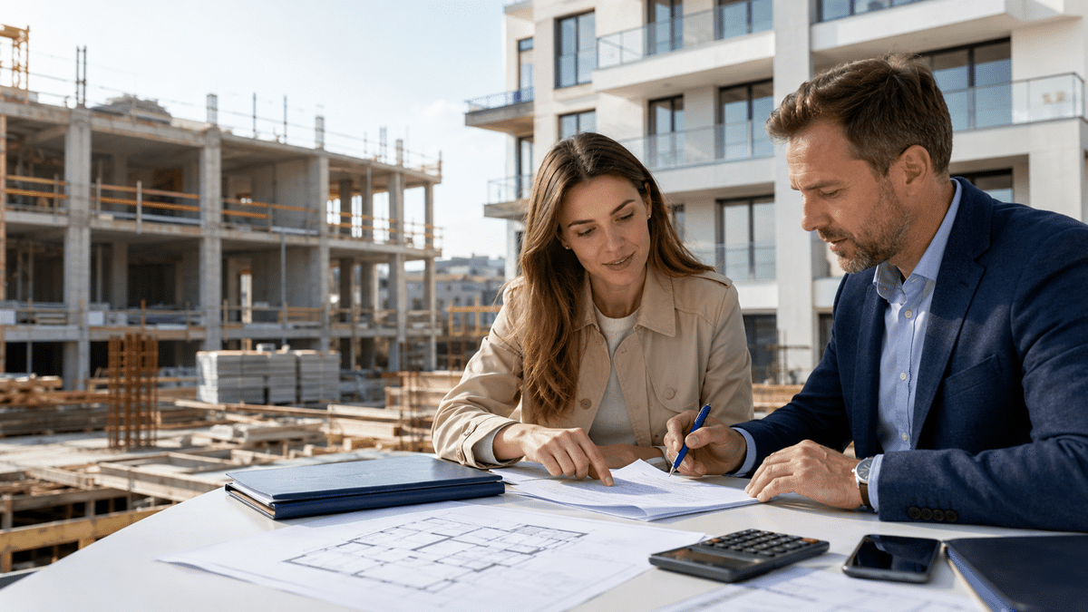 Cumpărător care verifică actele și avansul pentru o locuință aflată în construcție